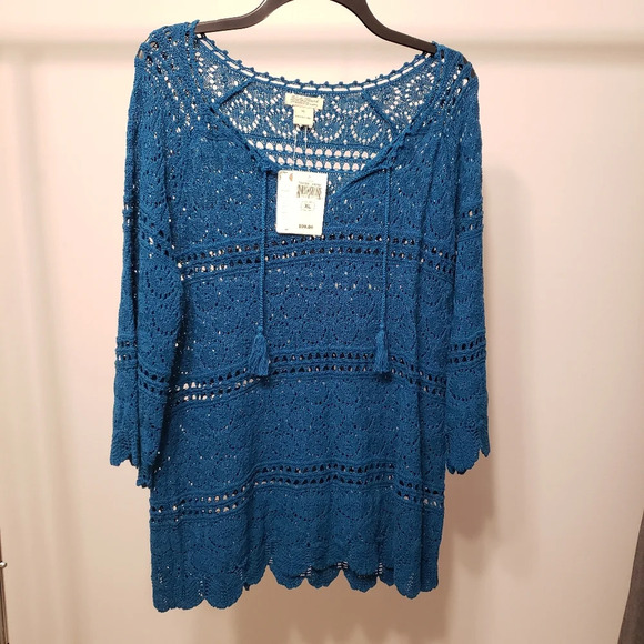 Lucky Brand Teal Blue Crochet Boho Peasant Tunic Top Women XL NWT - Picture 1 of 9